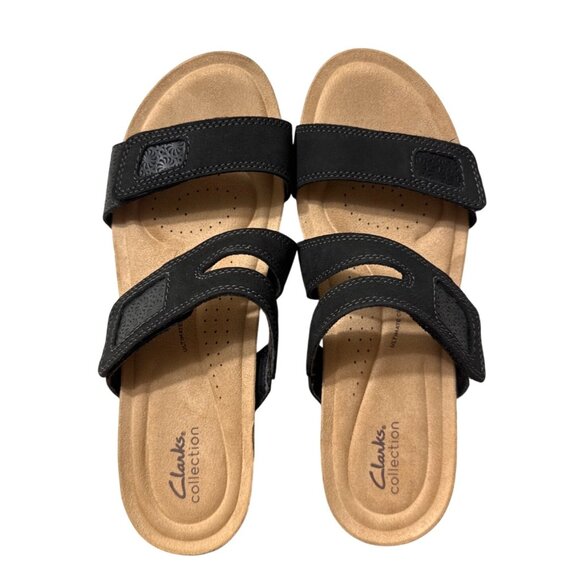 Clarks Calenne Maye Women's Black Leather Wedge Slide Sandals Two Straps Size 11 - Picture 11 of 14